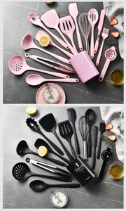 Close-up of heat-resistant silicone cooking utensils set with stainless steel handles
