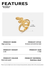 Macro shot of 18K gold plated snake ring with scale texture and adjustable sizing