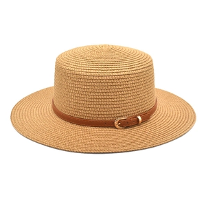 Women Boater Hat Straw Flat Top Sun Protection Beach Summer Wide Brim Belt Buckle Retro Style