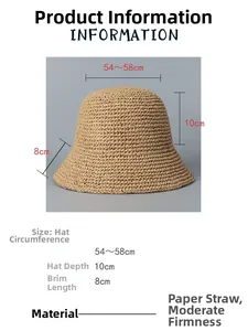 Detailed size chart for handmade paper straw sun hat showing 54-58cm head circumference