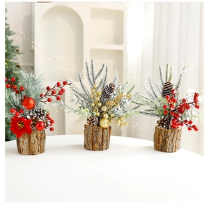 Mini Christmas tree detail with pine cones and red berries on a natural wood base