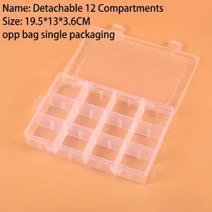 Detail of 12-compartment clear storage box with adjustable dividers, size 19.5x13x3.6cm