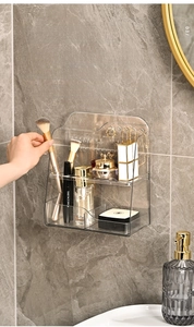 Detail of wall-mounted clear PET vanity organizer showing two tiers and jewelry hooks