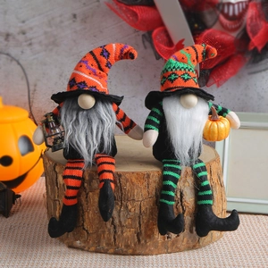 Halloween faceless gnomes with witch hats and striped legs sitting on a wooden stump
