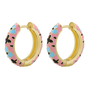 Detailed close-up of colorful enamel flower earrings with intricate gold finish texture