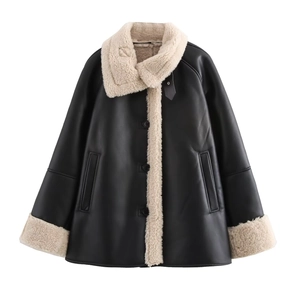 Women Faux Leather Jacket Contrast Faux Shearling Lining Loose Fit Single Breasted Winter Coat Casual Outerwear