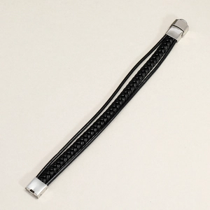Minimalist multi-strand black braided leather bracelet with a polished stainless steel clasp