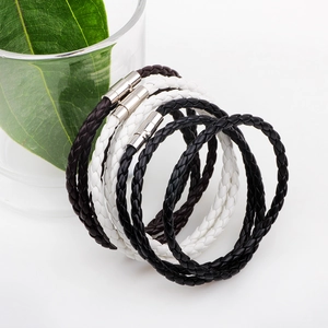 Braided leather bracelets in black and white with silver magnetic clasp for men and women