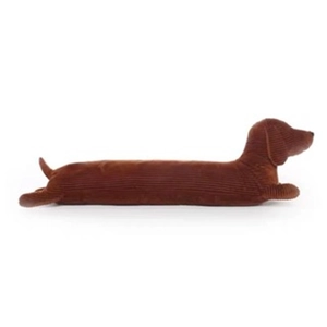 Peluche teckel en velours côtelé marron, long coussin décoratif et moelleux pour canapé