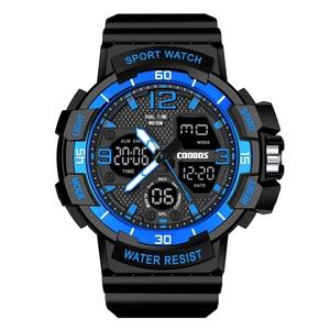 Waterproof sports digital watch with dual-display and silicone strap in black and blue