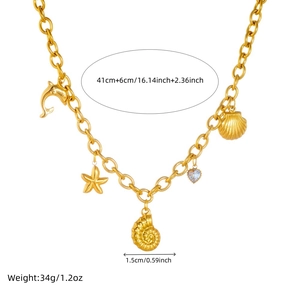 Golden stainless steel ocean necklace with dolphin, starfish and shell pendants on chunky chain