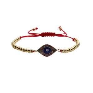Adjustable red braided Evil Eye bracelet with gold beads and sparkling blue rhinestones