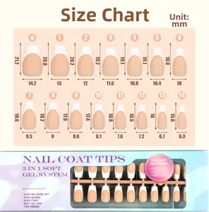 Size chart showing 15 different dimensions for French press-on nails in millimeters
