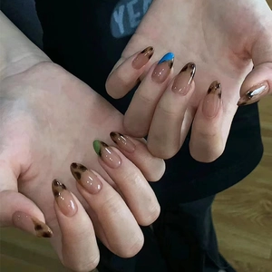 Long Almond Press On Nails ABS Plastic Blue Green Leopard Print French Style Detachable False Fingernails For Women