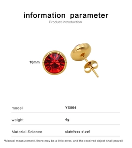 Detailed specs of 10mm gold plated stainless steel stud earrings with red zircons