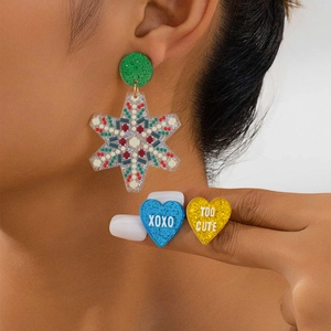 Acrylic snowflake earrings with festive glitter heart rings for Christmas jewelry sets