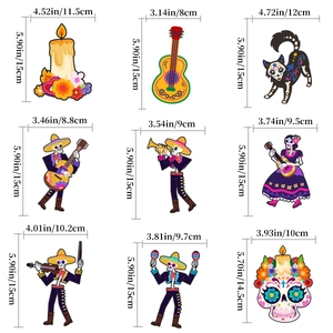 Set of 9 Day of the Dead outdoor garden skull guitar decorations with size dimensions