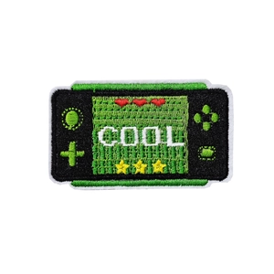 Green game console embroidered patch with COOL text and heart star details