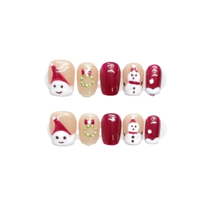 Handmade Christmas press-on nails set featuring reindeer, snowman and Santa Claus designs