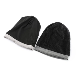 Winter thermal knit slouchy beanie for men and women with warm fleece lining in black