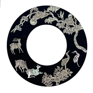 Chinese lacquer hair stick with shell inlay of pine, deer and crane on a black ring