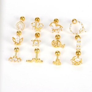 Set de 12 piercings d'oreille dorés en acier et zircon avec motifs cœur étoile lune