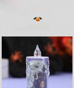 Macro detail of purple Halloween LED candle light with castle and bat silhouettes