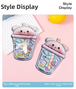 Blue bubble tea shaped resealable bag with cute puppy cartoon and 13x17cm dimensions