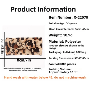 Detailed size chart and material guide for leopard print baby bow headband in polyester