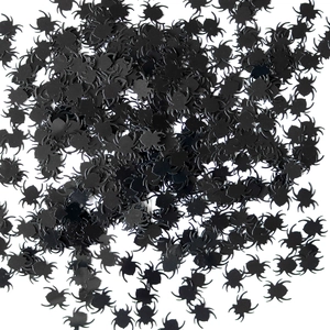 Shiny black spider shaped Halloween party confetti scattered on a white background