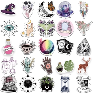50pcs Bohemian witch stickers with crystal, moon and tarot designs for laptop decor