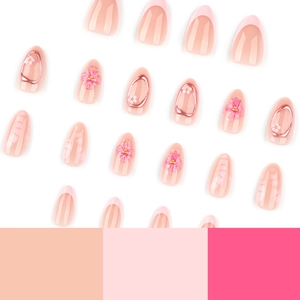 Short almond press-on nails with 3D pink flowers and classic French tips design