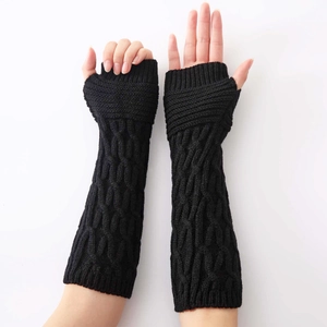 Unisex black long cable knit fingerless gloves with thumb hole for winter warmth