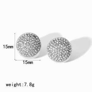 Detail view of 15mm silver stainless steel hoop earrings with crystal pave settings