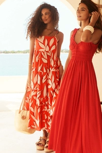 Detail of bohemian summer dress showing spaghetti straps and vibrant floral prints