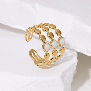Vintage 18K gold-plated stainless steel multi-layer ring with white enamel geometric accents