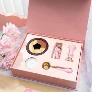 Kit de sellado de cera rosa con horno de fusión dorado, cuchara y cuentas de cera floral