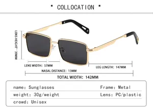 Detailed technical diagram of square metal sunglasses with precise dimensions and weights
