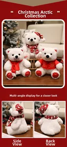Detailed views showing front, side and back of plush polar bear with Christmas scarf