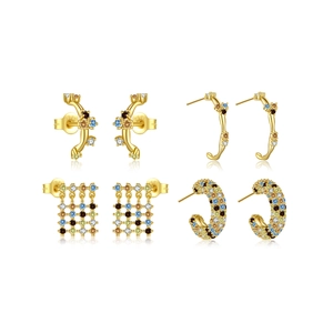 S925 sterling silver gold earrings set with colorful cubic zirconia and branch designs
