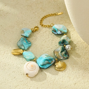 Bohemian beach style turquoise stone bracelet with pearl and golden shell charms