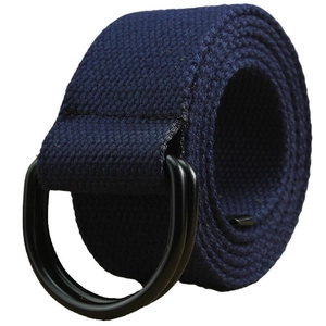 Navy blue canvas belt for men and women featuring a matte black double D-ring metal buckle