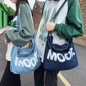 Large Capacity Denim Crossbody Bag For Women Casual Street Style Letter Print Shoulder Messenger Bag With Adjustable Strap