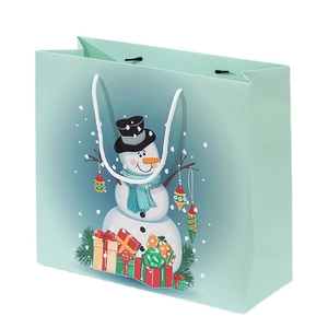 Mint green Christmas gift paper bag with smiling snowman and colorful presents prints