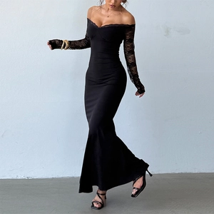 Robe Longue Épaules Dénudées À Manches Longues En Dentelle Robe De Soirée Moulante Patchwork Pour Femmes