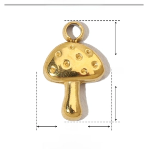 Detail view of 8x5mm gold mushroom pendant in stainless steel with dimension markings
