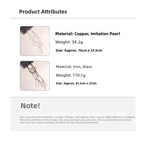 Detail view of pearl and glass bead body chains with measurements and materials