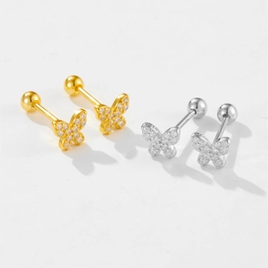 Elegant S925 silver butterfly stud earrings with zircon inlay and screw ball backs