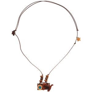 Handmade wooden cat and blue gemstone pendant on a brown wax cord camera necklace