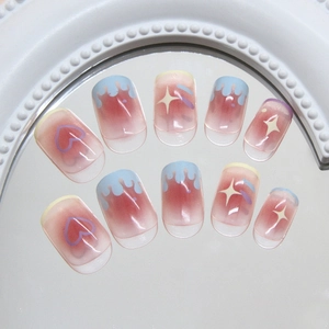 French dopamine heart and starburst gradient press-on nails with cute 3D charms